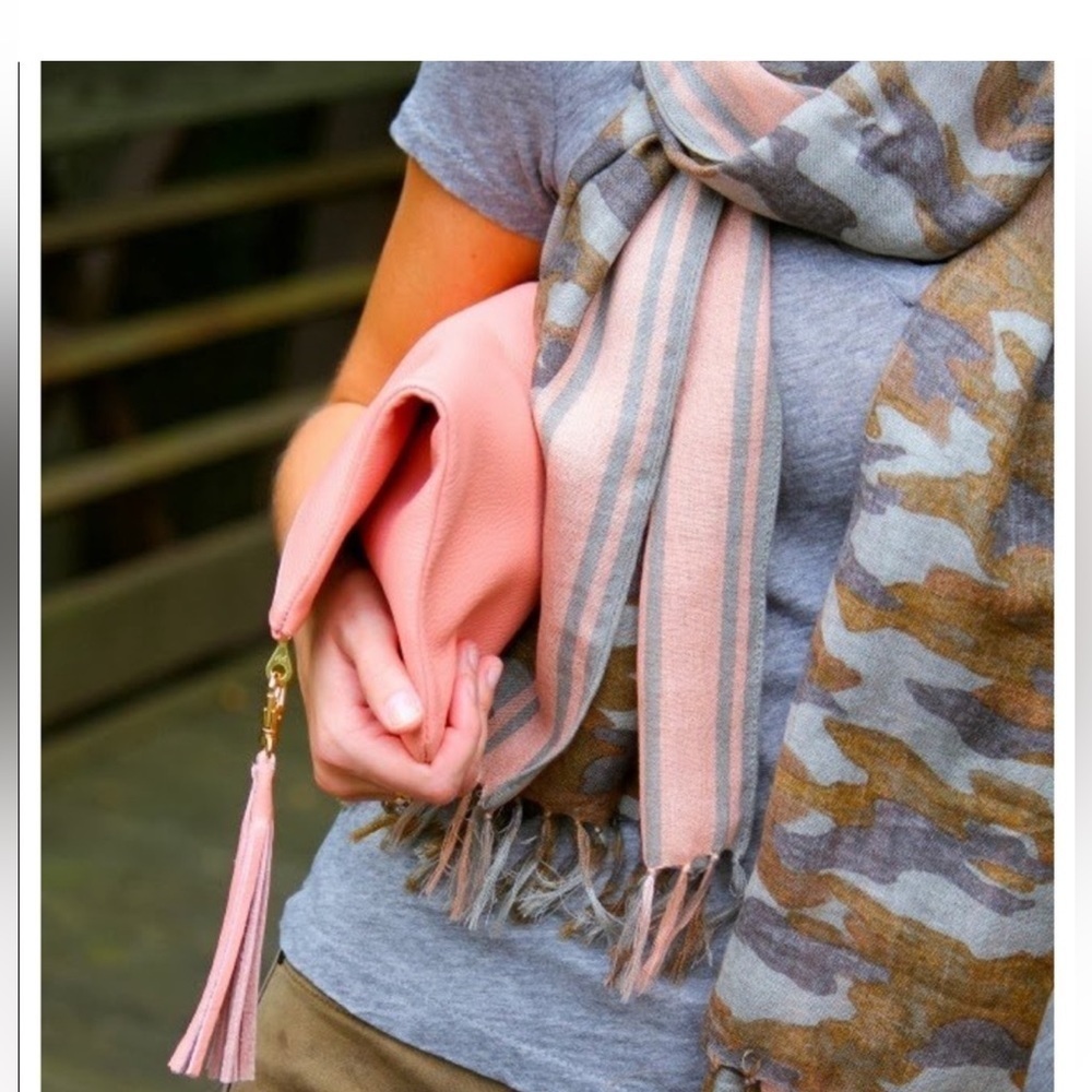 J crew army fatigue, and pink stripe scarf